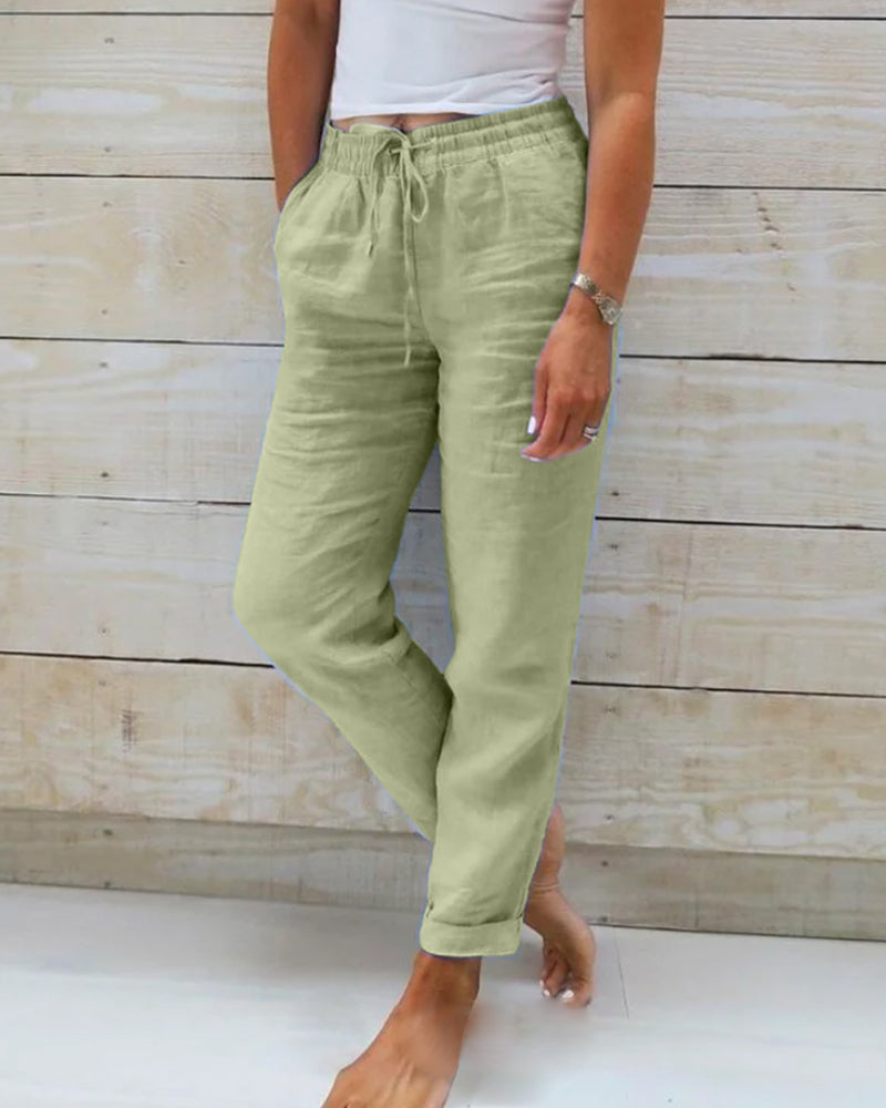 DE RDUCTION Pantalon Dcontract Jambe Droite Coton & Lin Respirant, Taille lastique & 6 Couleurs Disponibles