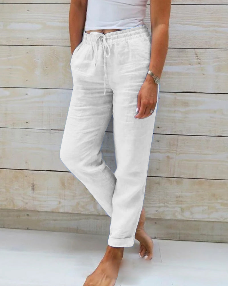 DE RDUCTION Pantalon Dcontract Jambe Droite Coton & Lin Respirant, Taille lastique & 6 Couleurs Disponibles