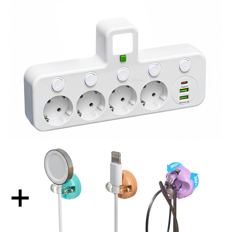 Adaptateur secteur EU avec 4 prises, prise murale multiport avec interrupteur indpendant et petit adaptateur pour veilleuse