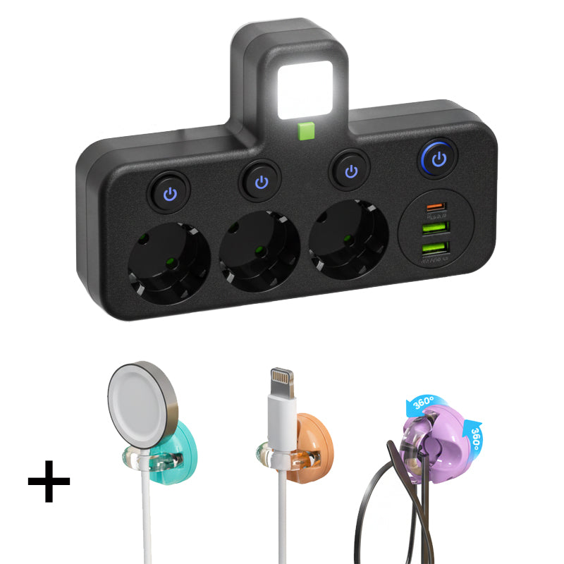 Adaptateur secteur EU avec 4 prises, prise murale multiport avec interrupteur indpendant et petit adaptateur pour veilleuse