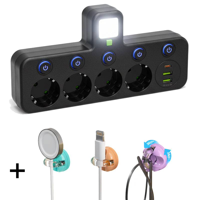 Adaptateur secteur EU avec 4 prises, prise murale multiport avec interrupteur indpendant et petit adaptateur pour veilleuse