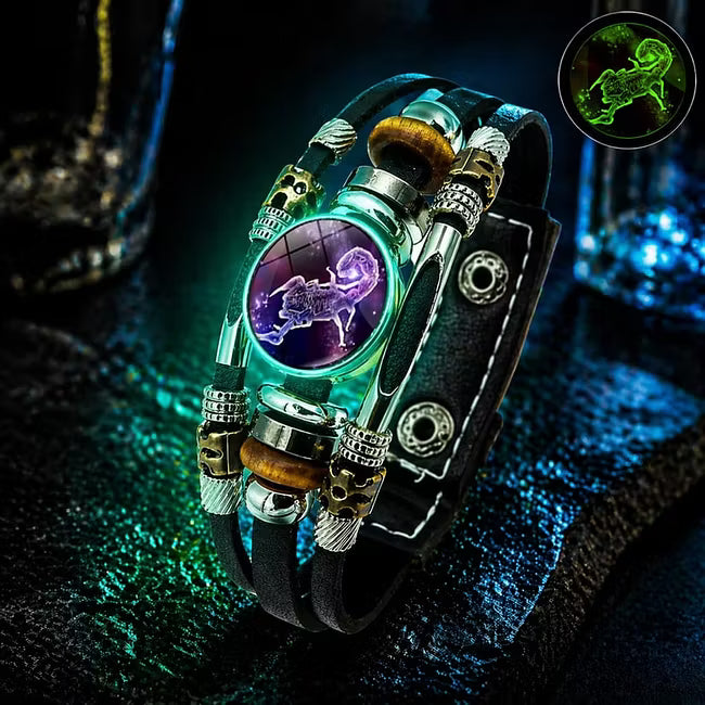 De rduction Bracelet en cuir phosphorescent avec signe du zodiaque pour homme et femme (6,9/8,1 pouces)