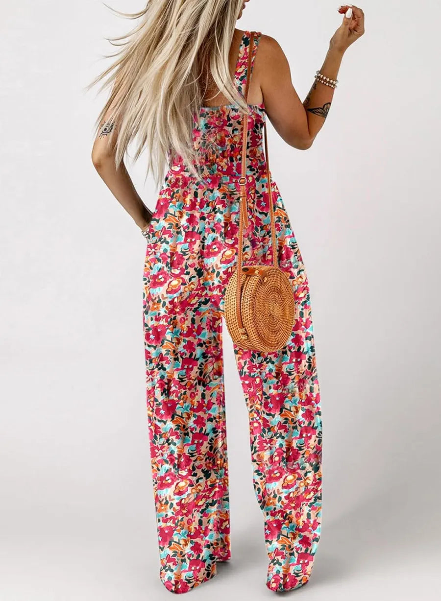 DE REDUZIERUNG Ärmelloser Damen-Jumpsuit mit Blumenmuster, gesmokter Brust und weitem Bein, sommerlich schick