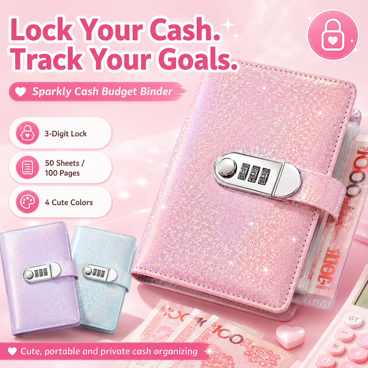 SparkleLock Sparbuch mit 3-stelligem Zahlenschloss, 100-seitiger Budget-Organizer zum Befüllen mit Bargeld für Ihre Spar-Challenges, finanziellen Ziele und Geschenke