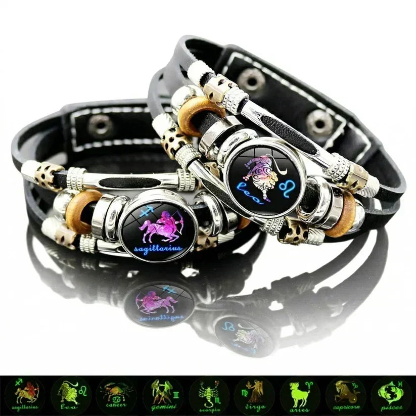 Fluoreszierendes Lederarmband mit Sternzeichen für Herren und Damen (17,5 cm/20,6 cm)