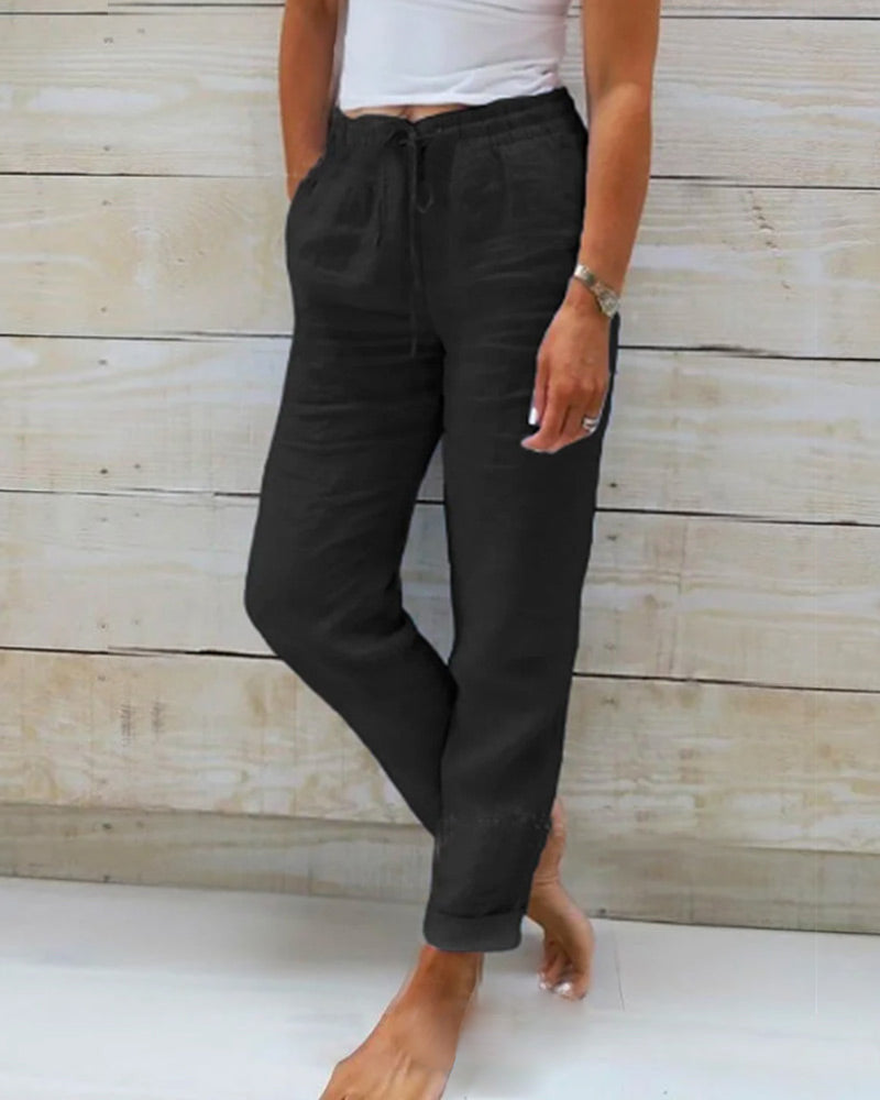 DE RDUCTION Pantalon Dcontract Jambe Droite Coton & Lin Respirant, Taille lastique & 6 Couleurs Disponibles