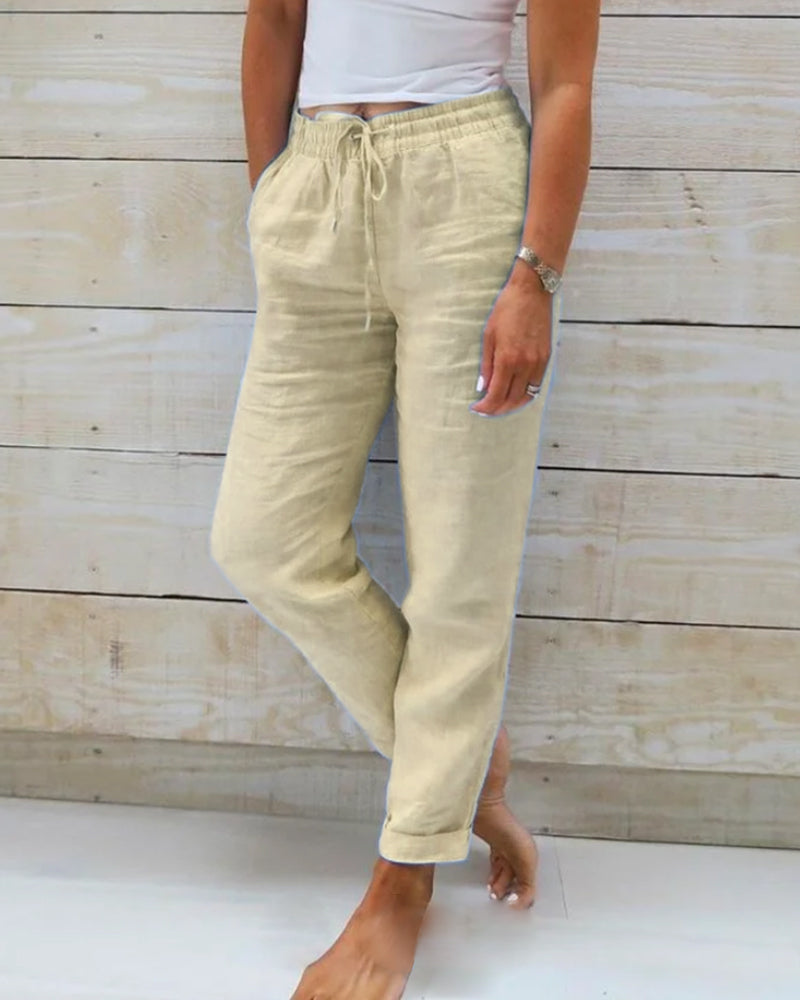 DE RDUCTION Pantalon Dcontract Jambe Droite Coton & Lin Respirant, Taille lastique & 6 Couleurs Disponibles