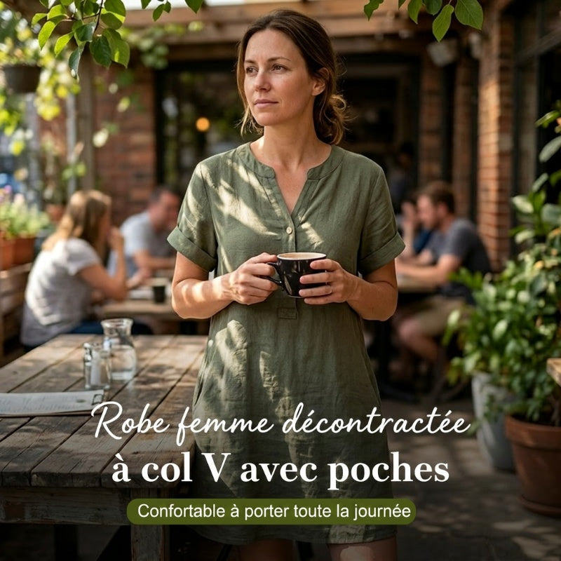 OFFRE LIMITE 50% DE RDUCTION Robe Tunique Indispensable Col V avec Poches Mlange de Coton Doux, Facile dEntretien, Poches des Deux C?ts Un Basique de Garde-Robe pour Printemps, t et Superposition en Automne