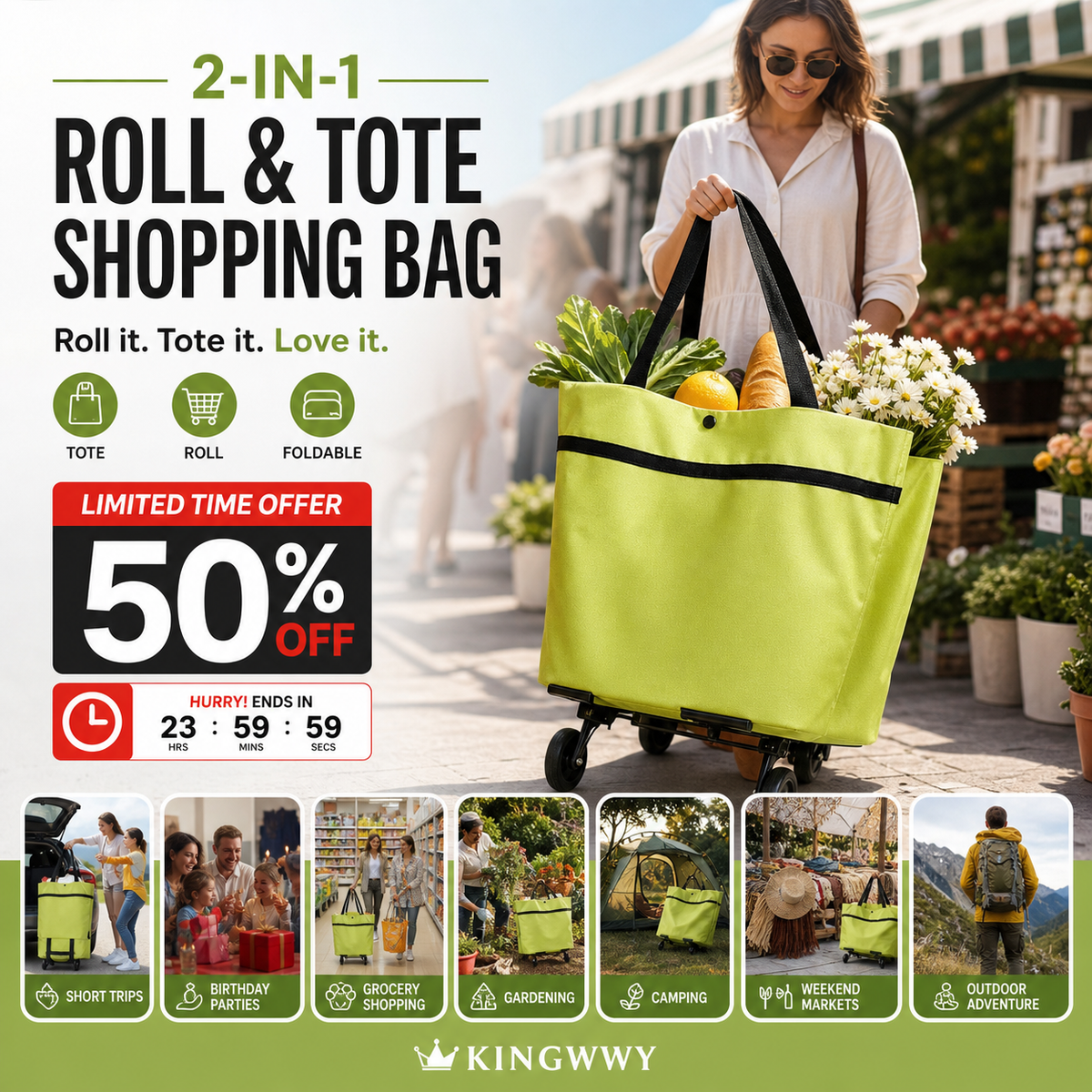 Sac de course pliable 2-en-1 roulettes Avec roues style bagage