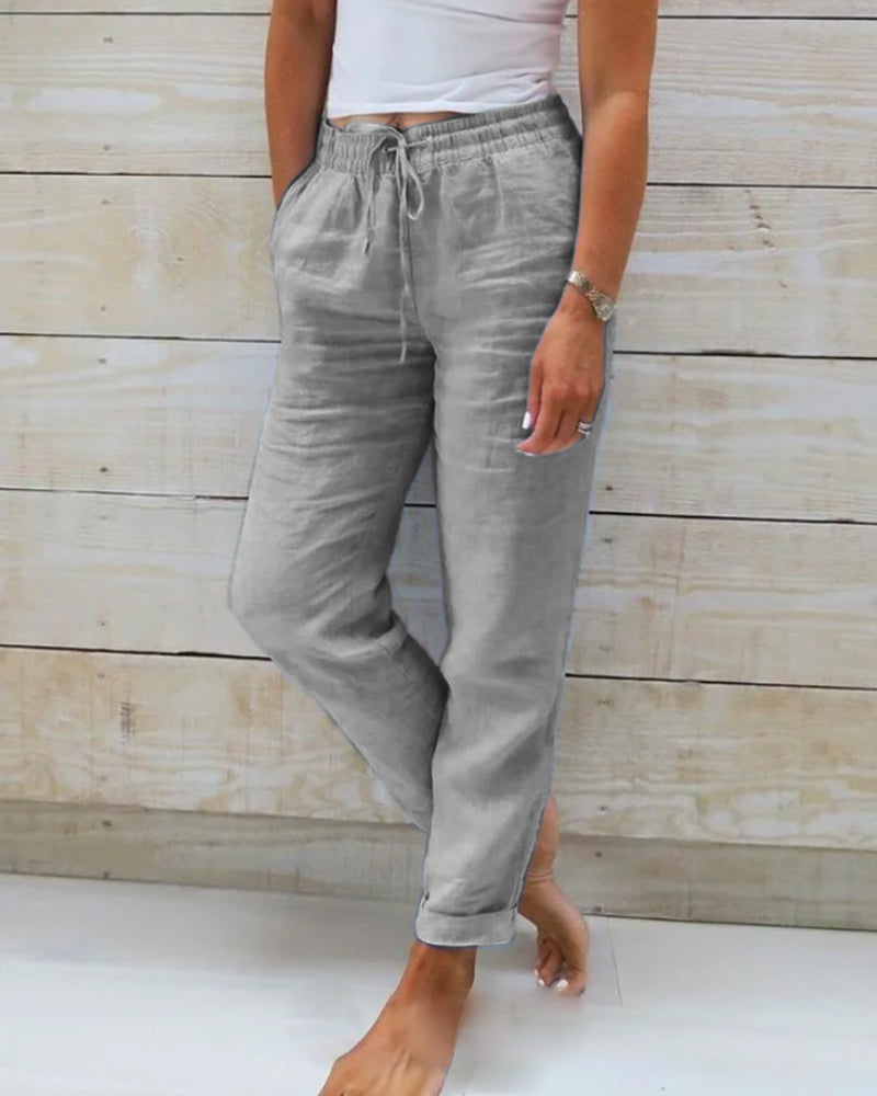 DE RDUCTION Pantalon Dcontract Jambe Droite Coton & Lin Respirant, Taille lastique & 6 Couleurs Disponibles