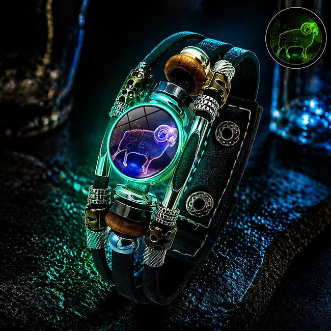 De rduction Bracelet en cuir phosphorescent avec signe du zodiaque pour homme et femme (6,9/8,1 pouces)