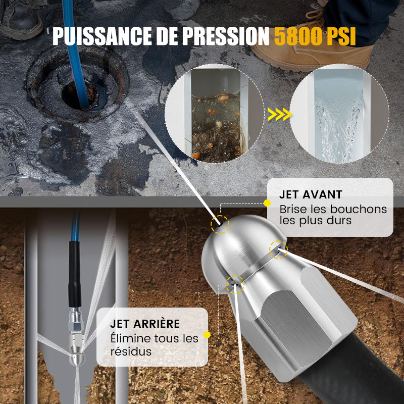 DE RDUCTION Hochdruck-Reinigungsset 5800 PSI für Abflüsse – Rotierende Düse und verstärkter Schlauch zur Rohrreinigung
