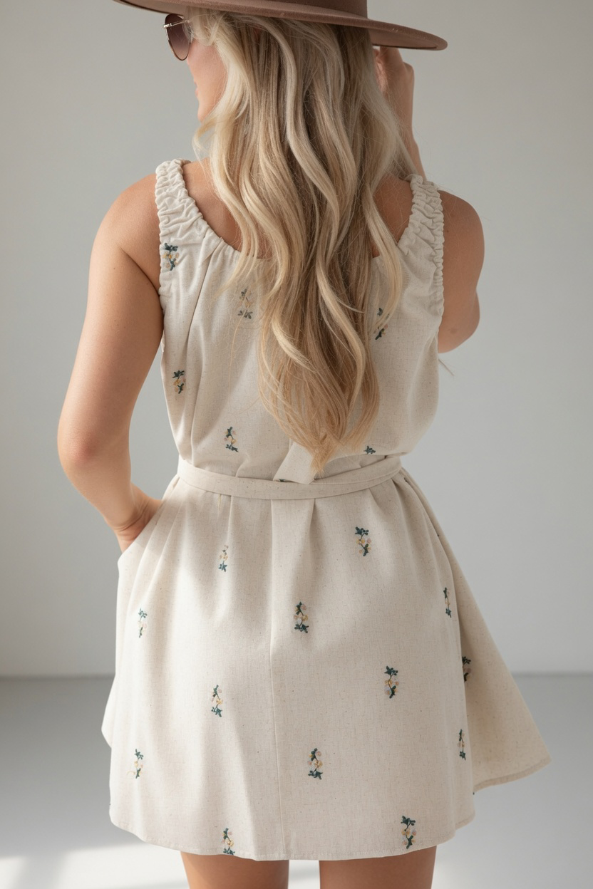 Natural Floral Embroidered Mini Dress