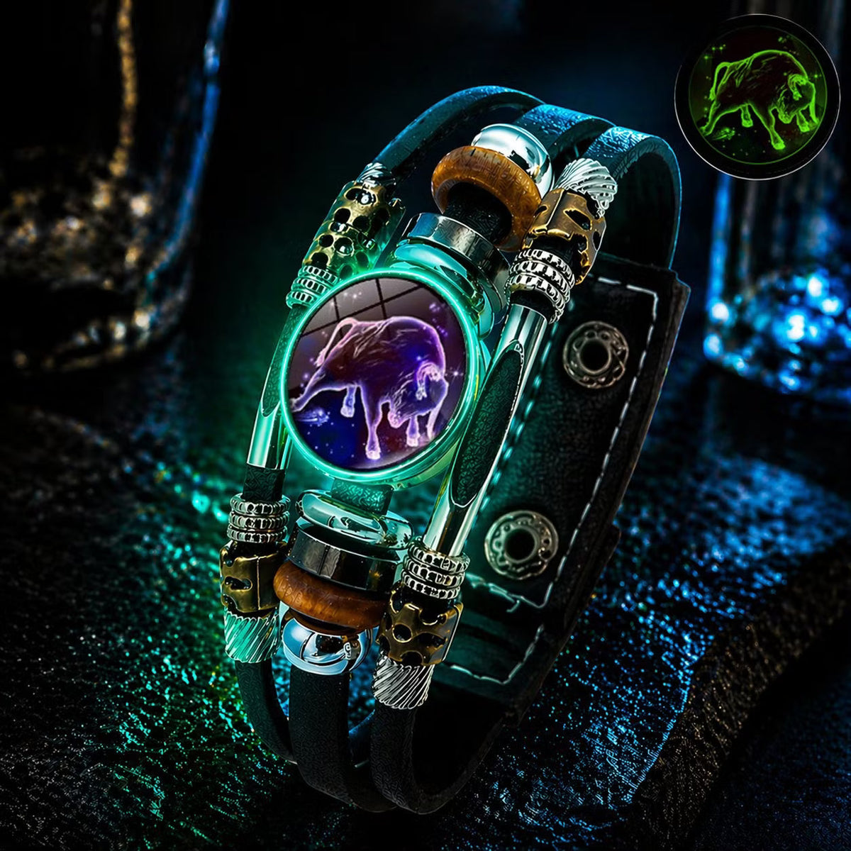 De rduction Bracelet en cuir phosphorescent avec signe du zodiaque pour homme et femme (6,9/8,1 pouces)