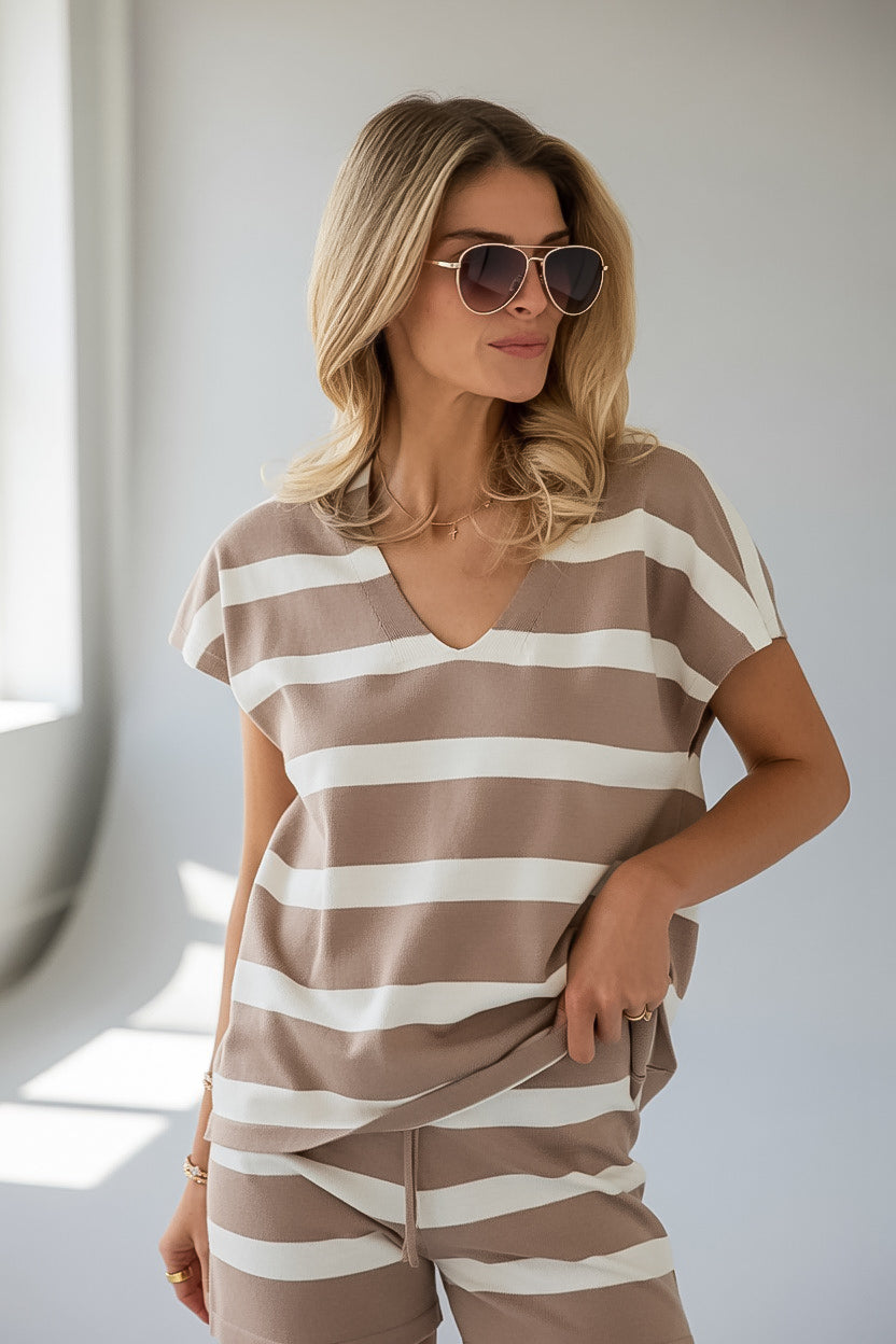 Beige Stripe V-Neck Sleeveless Knit Top