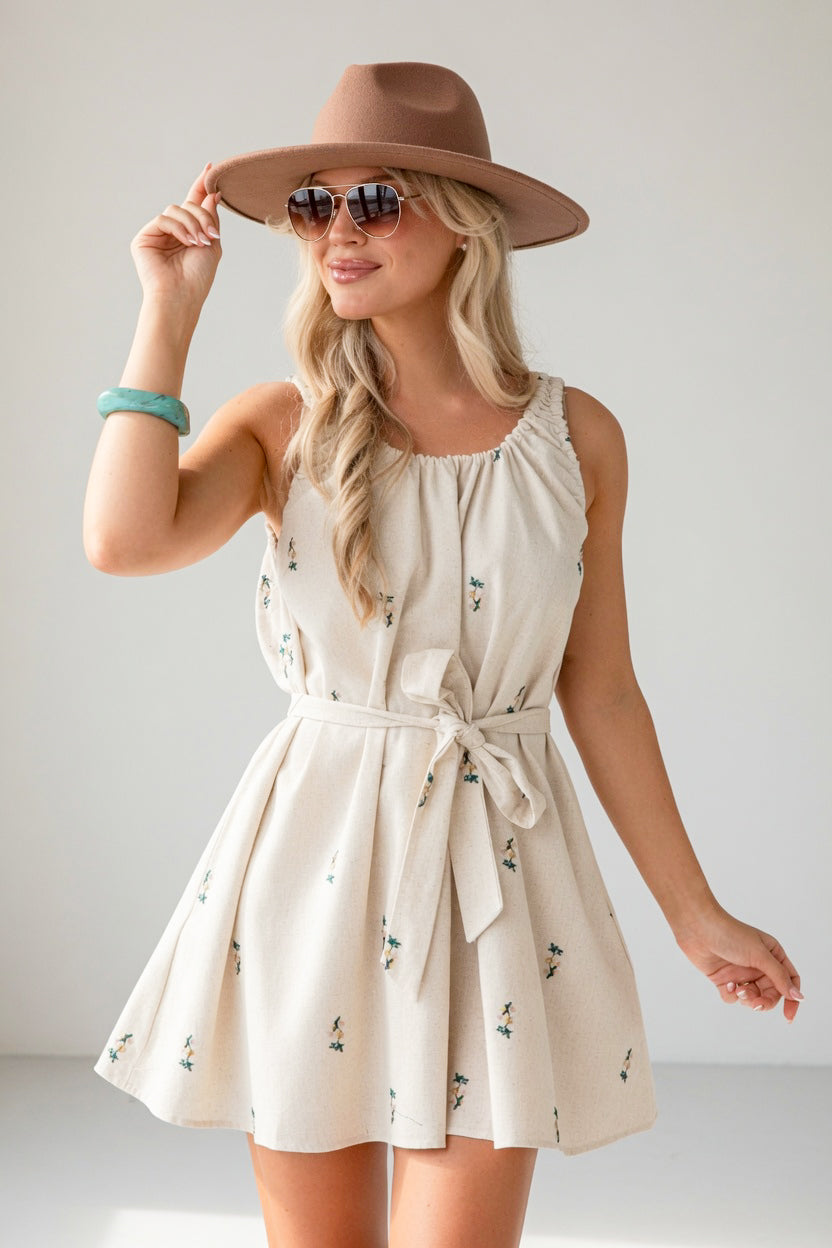 Natural Floral Embroidered Mini Dress