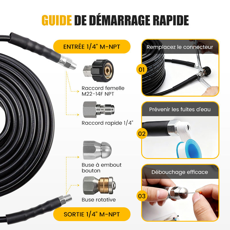 DE RDUCTION Hochdruck-Reinigungsset 5800 PSI für Abflüsse – Rotierende Düse und verstärkter Schlauch zur Rohrreinigung