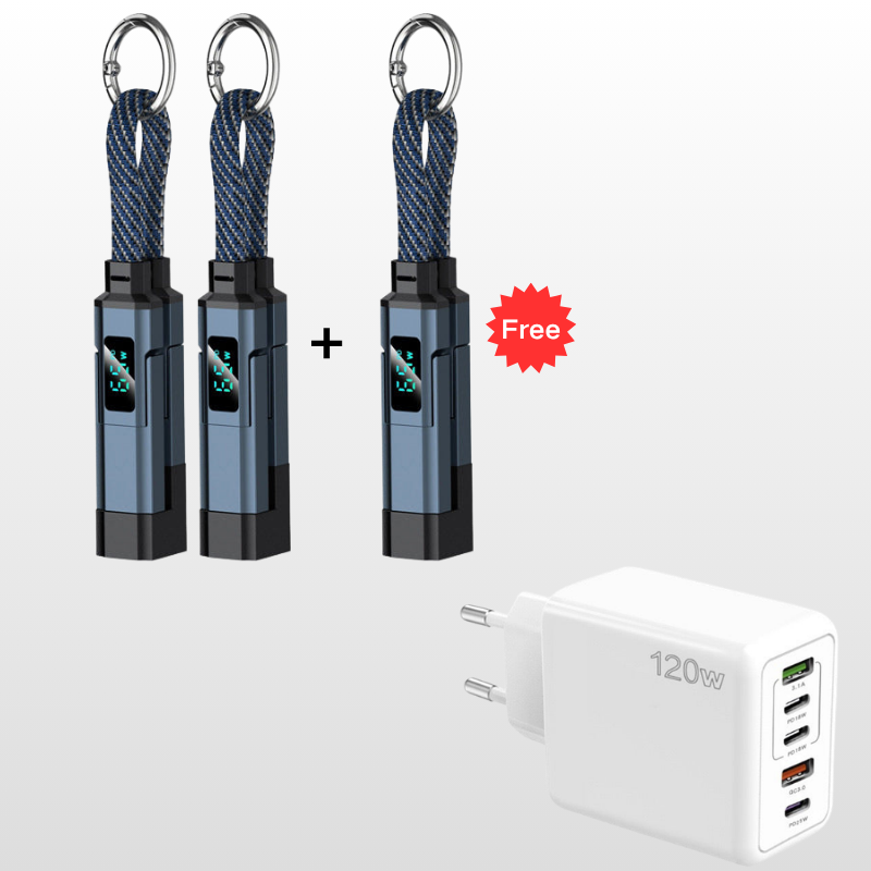 Sonderangebot: 2 kaufen, 1 GRATIS erhalten. 4-in-1-Ladekabel mit Digitalanzeige und Schlüsselring, schnellladend, knickfest und kompakt