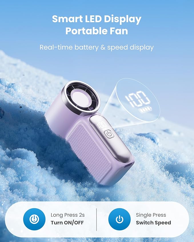 Mini ventilateur portable avec affichage LED C Ventilateur de poche turbo 5 vitesses. Rechargeable par USB, refroidissement rapide idal pour les voyages et le maquillage. Cadeau parfait. Rfrigration portable.