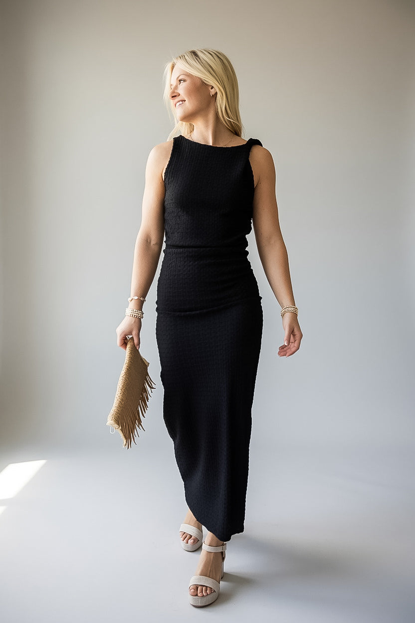 Black Textured Sleeveless A-Line Maxi Dress
