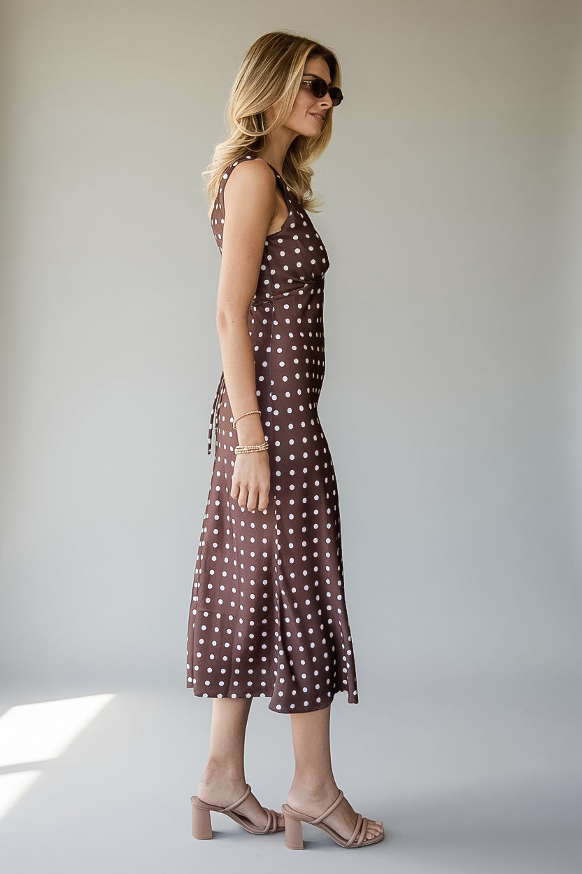 Brown Polka Dot Sleeveless Satin Maxi Dress