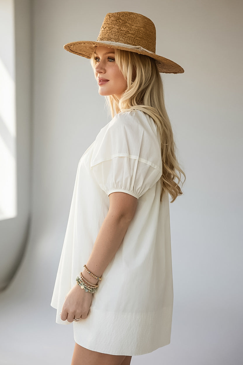 Cream Puff Sleeve Cotton Mini Dress