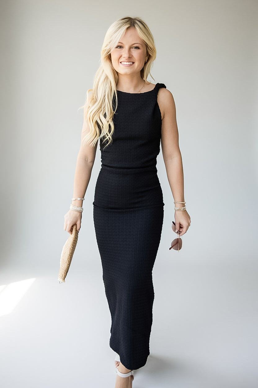 Black Textured Sleeveless A-Line Maxi Dress
