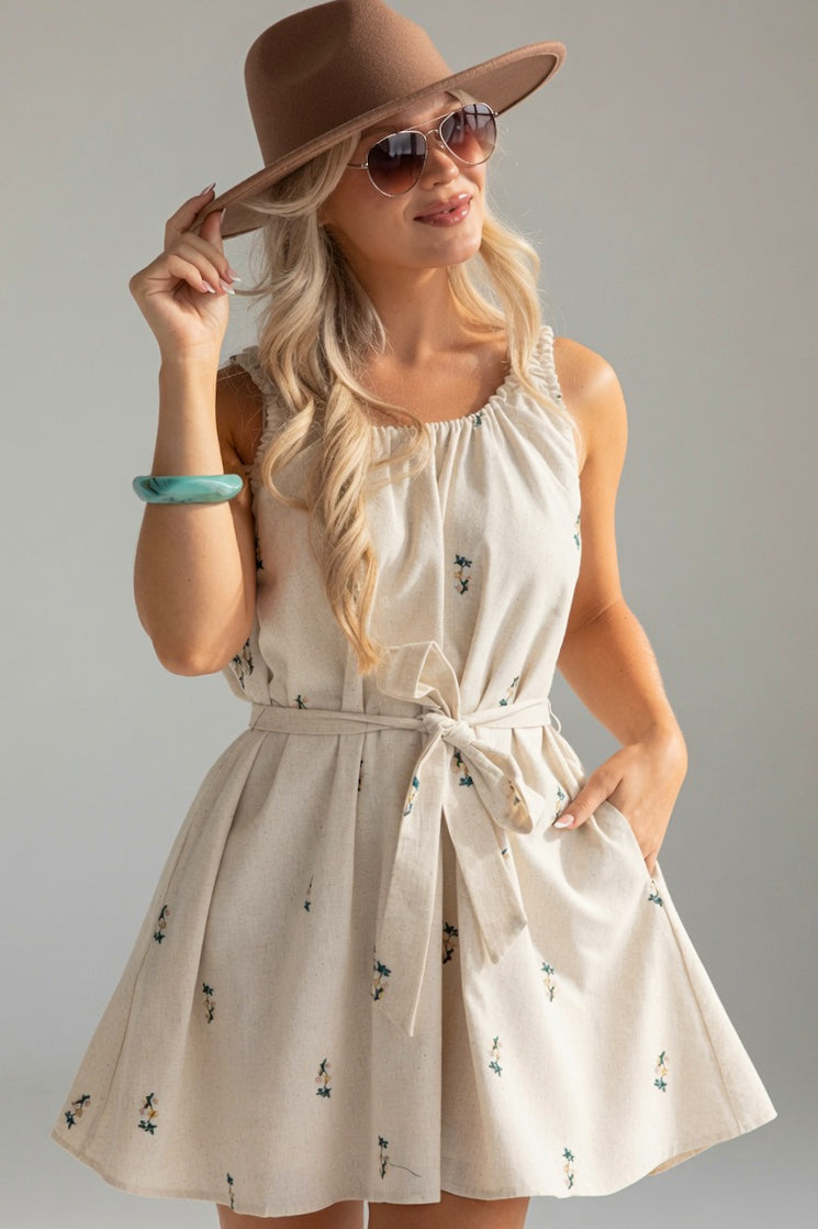 Natural Floral Embroidered Mini Dress