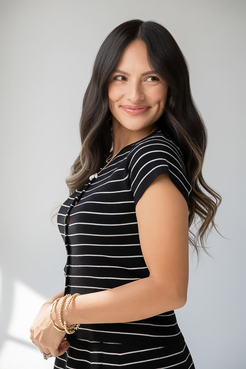 Stripe Button Front Fitted Capped Sleeve Top