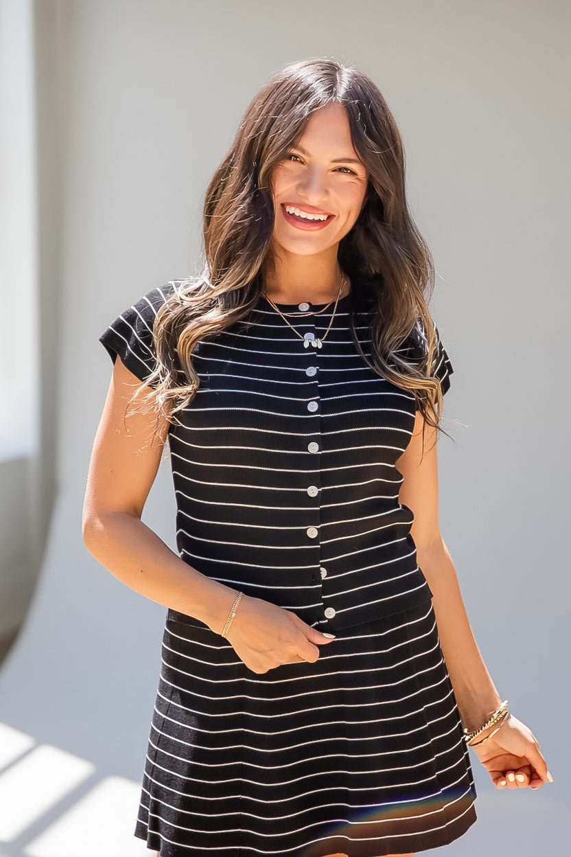 Stripe Button Front Fitted Capped Sleeve Top
