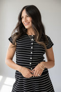 Stripe Button Front Fitted Capped Sleeve Top