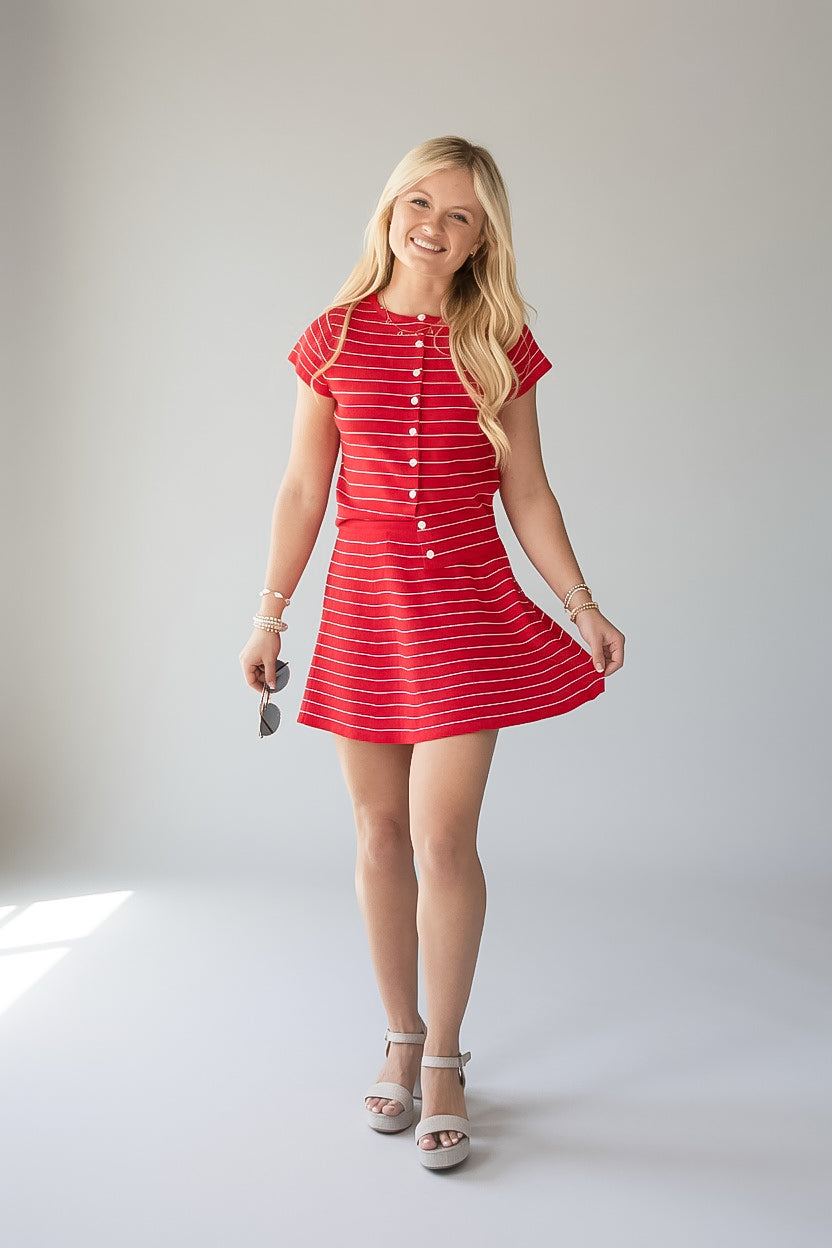 Stripe Button Front Fitted Capped Sleeve Top