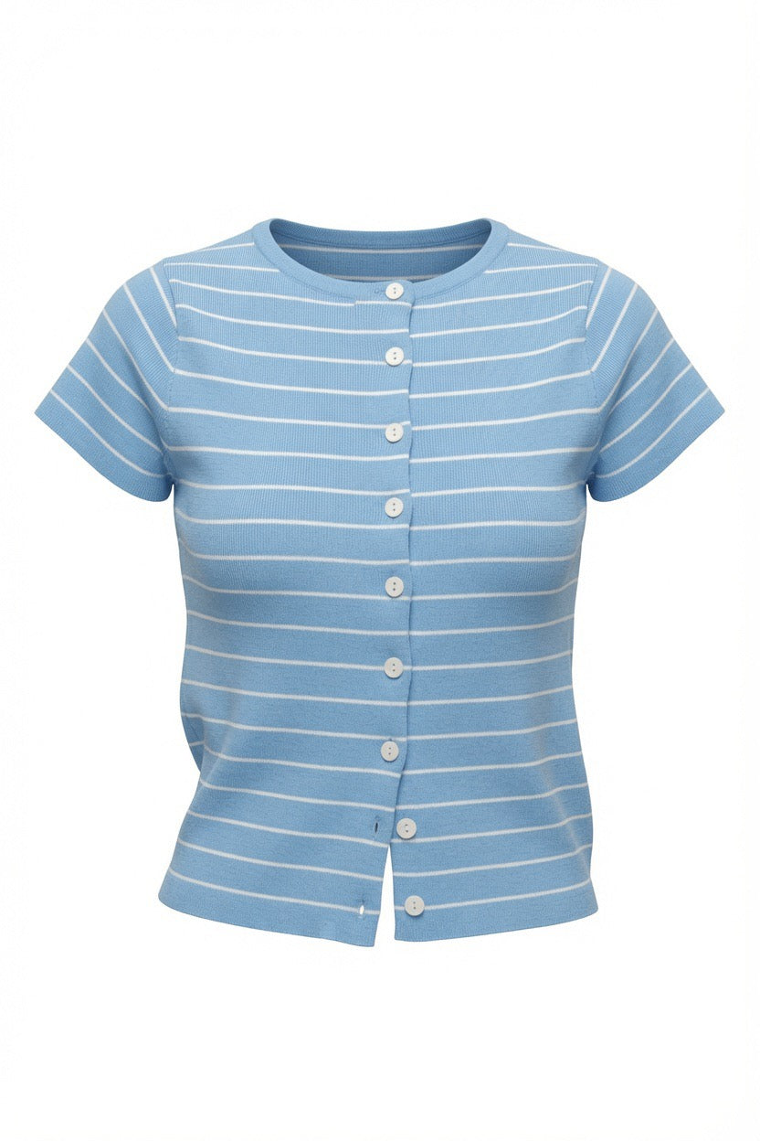 Stripe Button Front Fitted Capped Sleeve Top