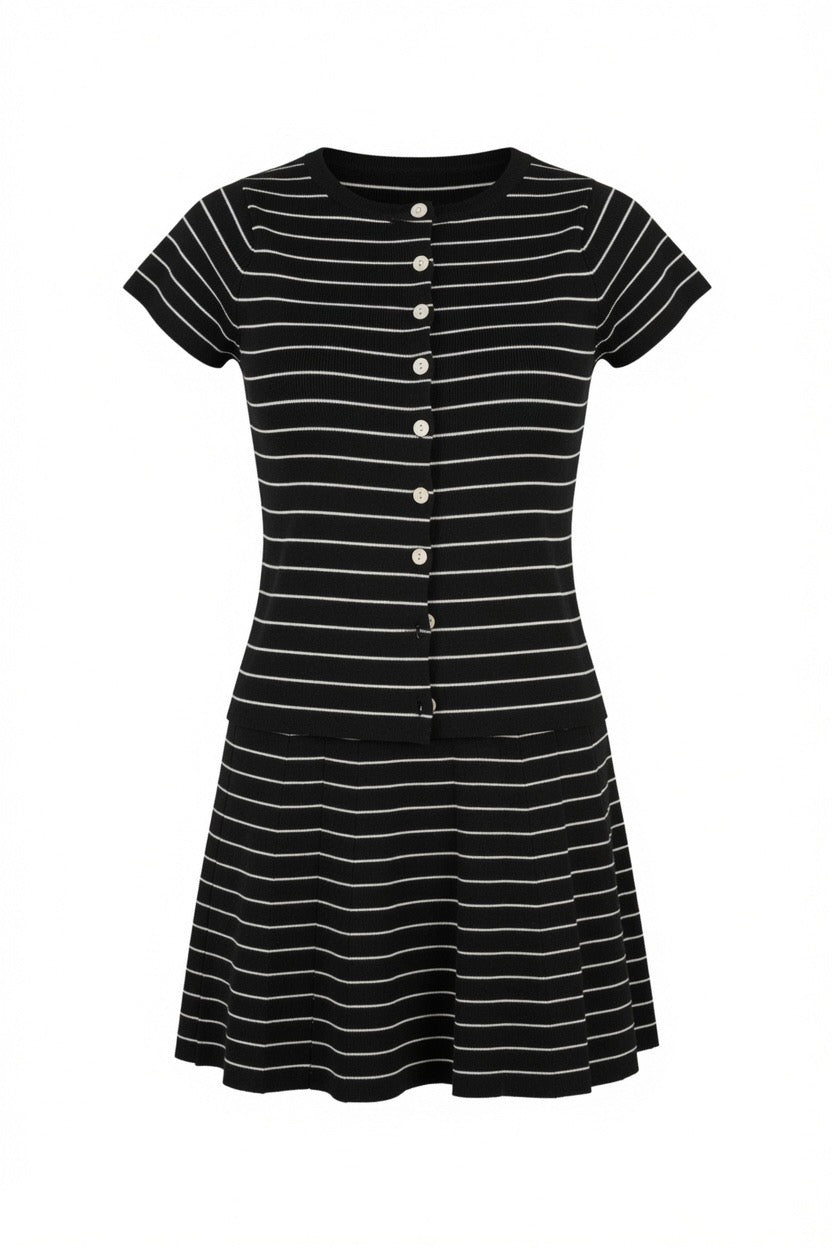 Stripe Button Front Fitted Capped Sleeve Top