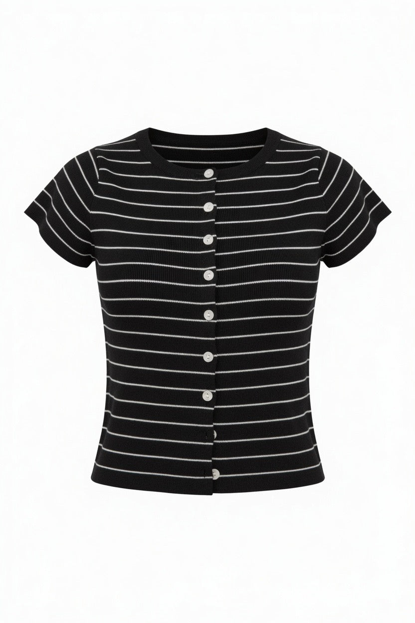 Stripe Button Front Fitted Capped Sleeve Top