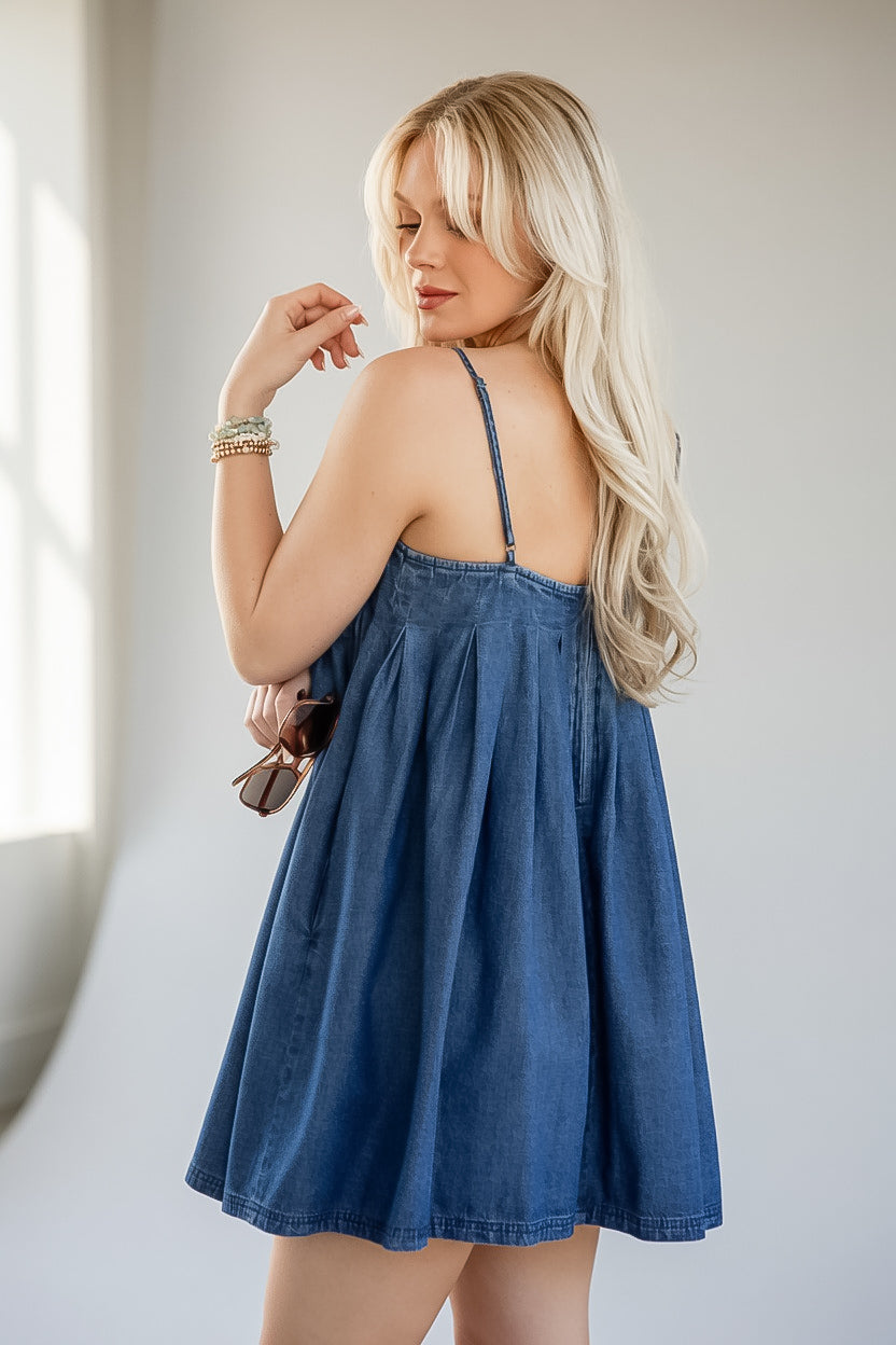 Denim Pleated Square Neck Mini Dress
