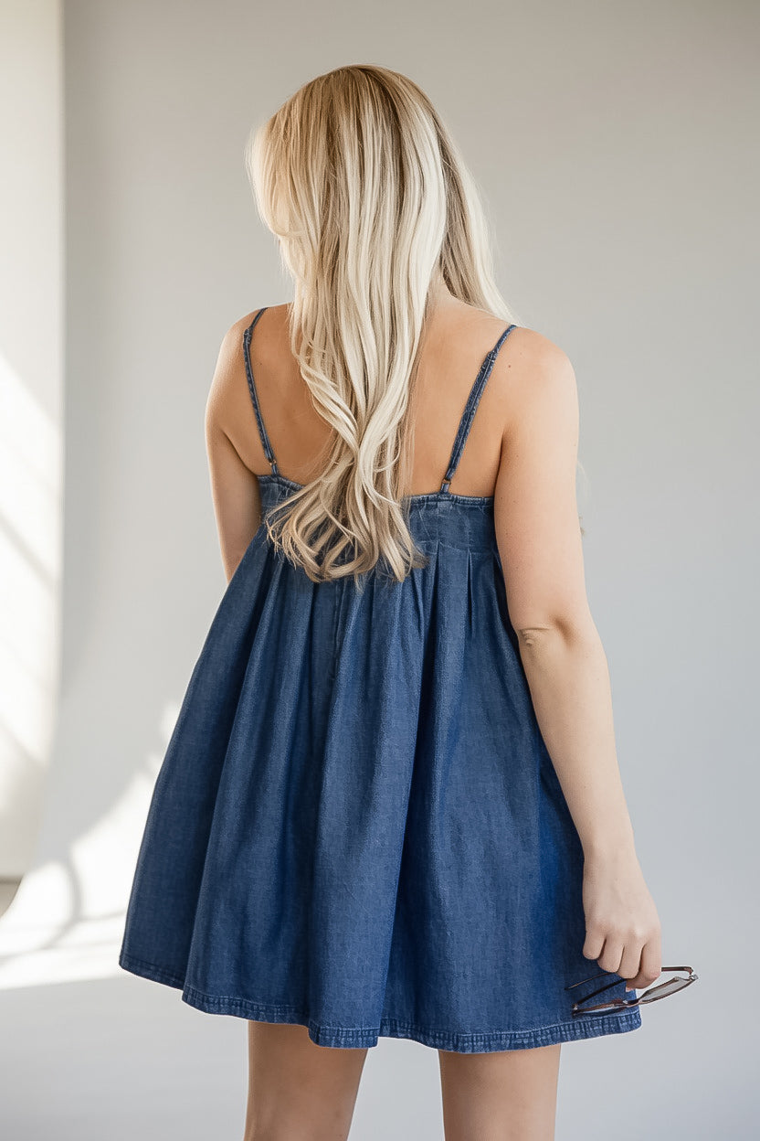 Denim Pleated Square Neck Mini Dress