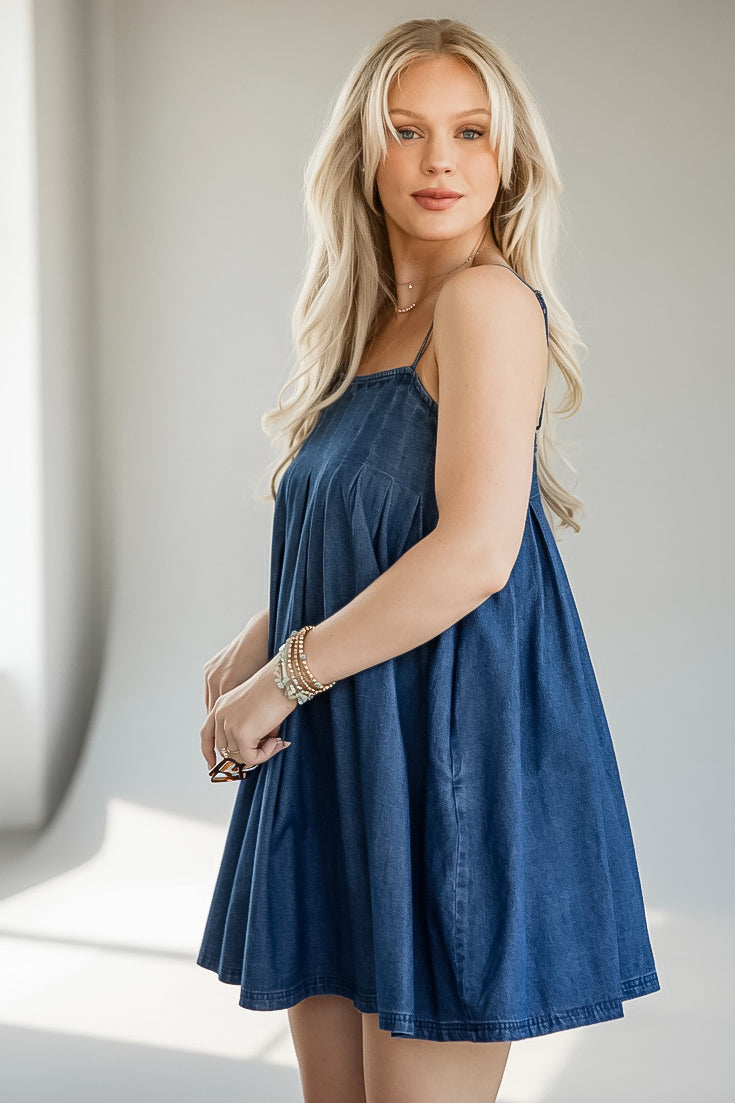 Denim Pleated Square Neck Mini Dress