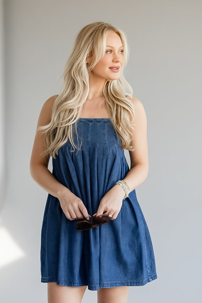 Denim Pleated Square Neck Mini Dress