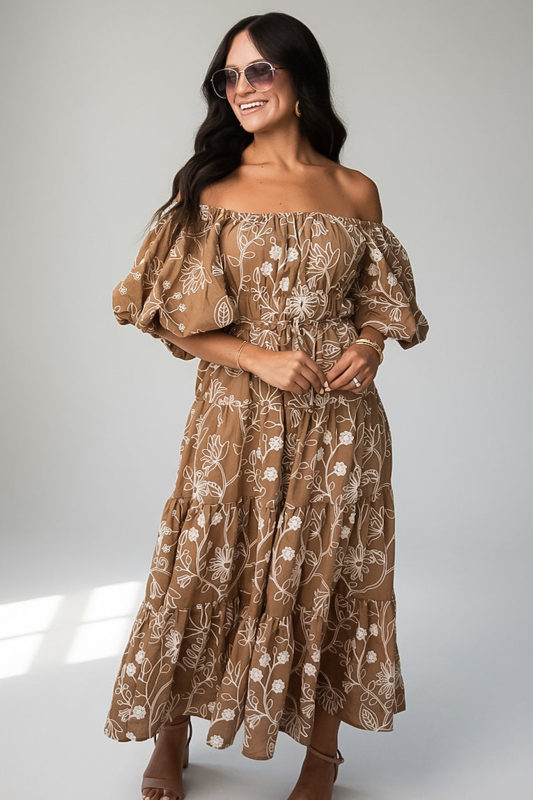 Autumn Meadow Taupe Floral Puff Sleeve Midi Dress