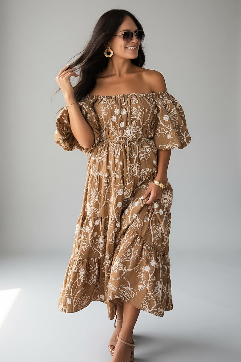 Autumn Meadow Taupe Floral Puff Sleeve Midi Dress
