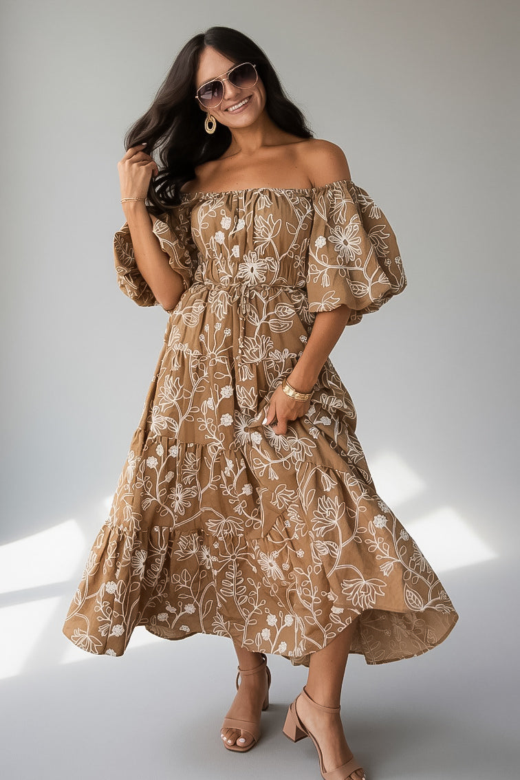 Autumn Meadow Taupe Floral Puff Sleeve Midi Dress