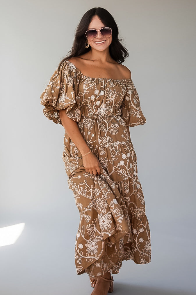 Autumn Meadow Taupe Floral Puff Sleeve Midi Dress