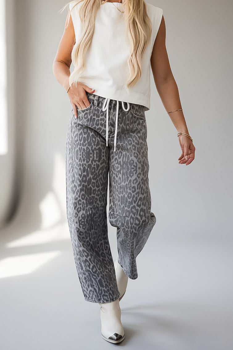 Morgan Leopard High Waist Barrel Leg Jeans