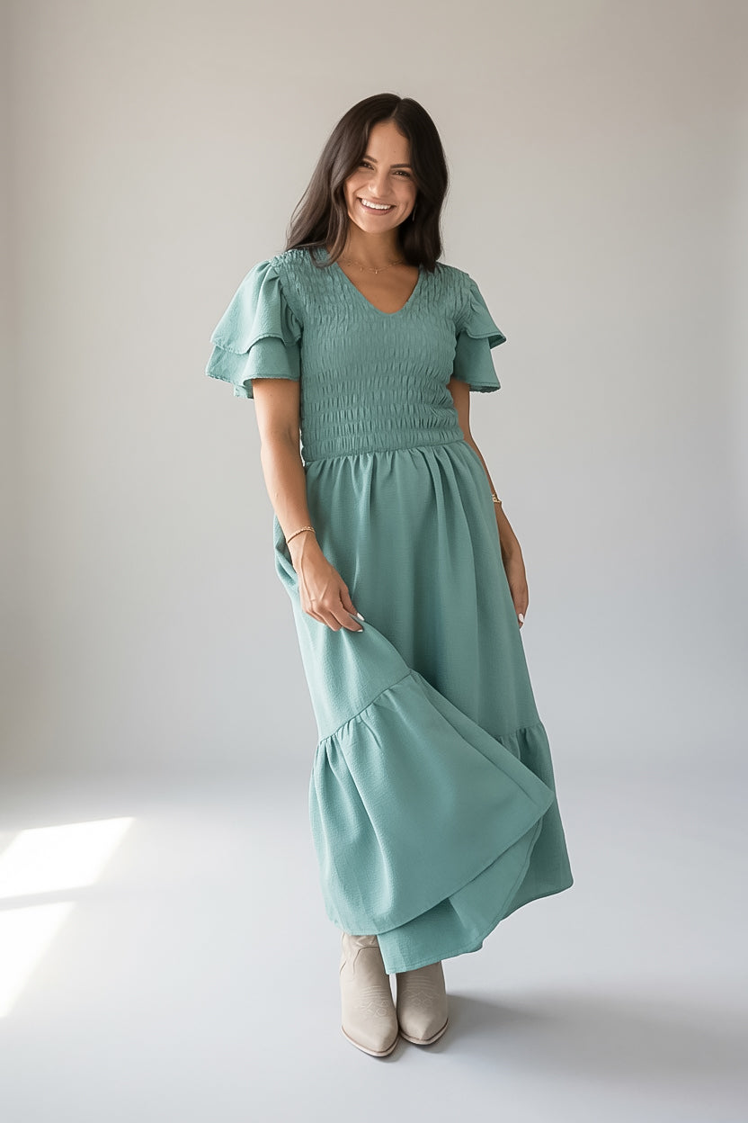 Sage Smocked Tiered Midi Dress