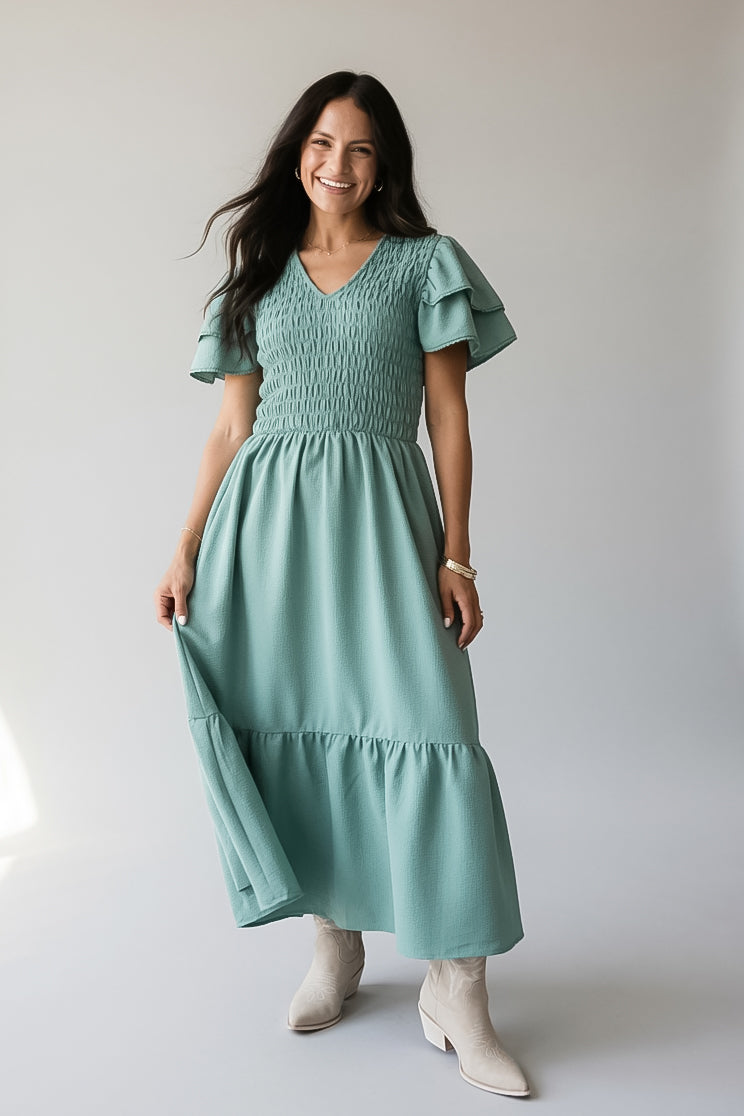 Sage Smocked Tiered Midi Dress