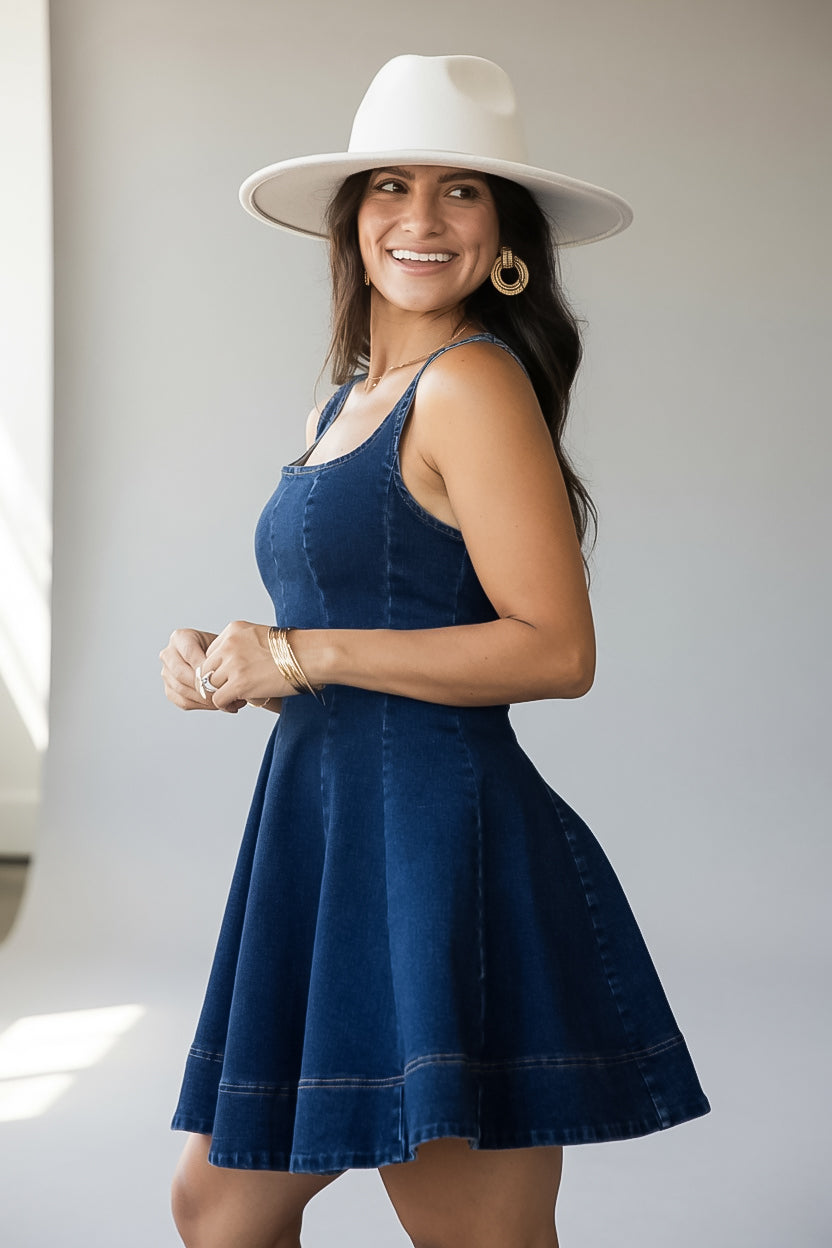 Dark Wash Denim Sleeveless Mini Dress