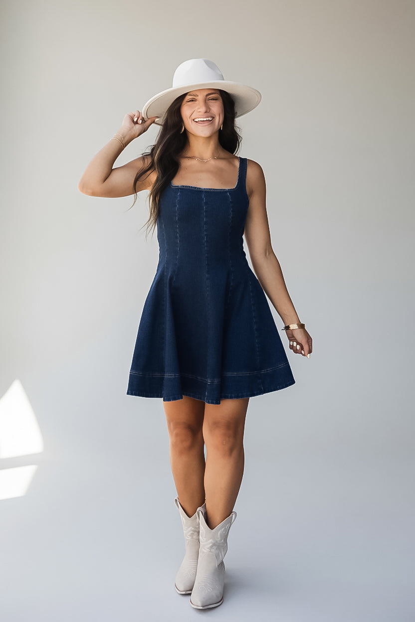 Dark Wash Denim Sleeveless Mini Dress
