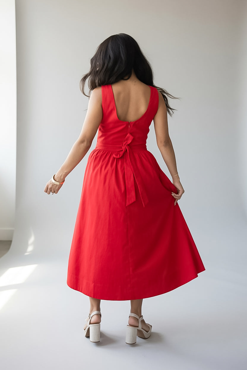 Red Sleeveless Fit and Flare Midi Dress