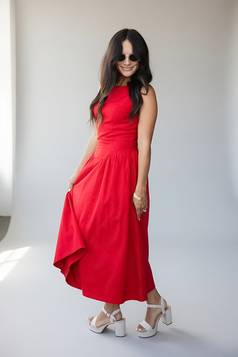 Red Sleeveless Fit and Flare Midi Dress